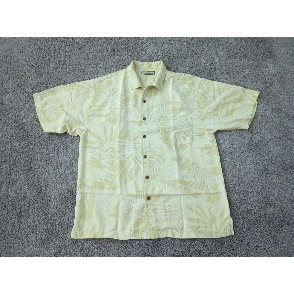 Tommy Bahama Shirt Mens Large Yellow Beige Tropical Leaf Camp Hawaiian Button Up